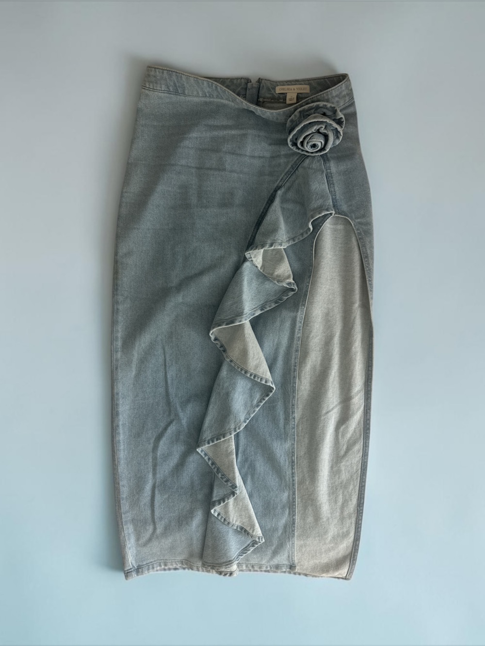 Chelsea & Violet Light Blue Ruffle-Trim Denim Pencil Skirt